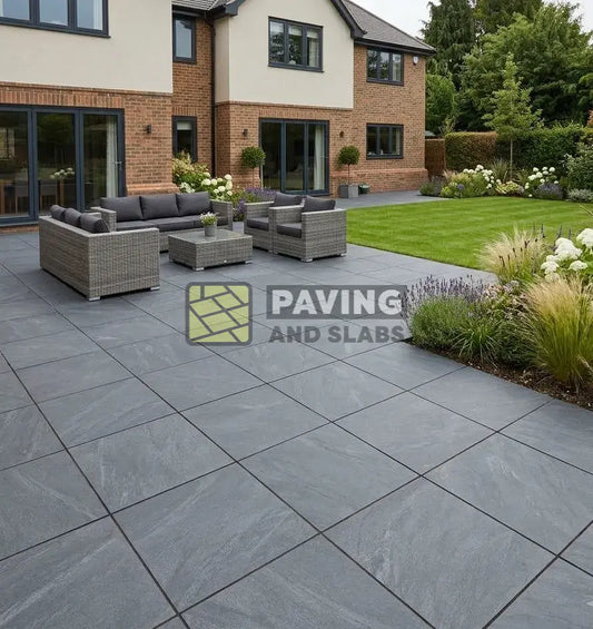 Anthracite dark outdoor porcelain paving slabs 600x600 UK for modern garden patios