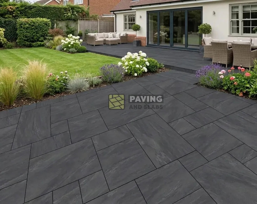 Anthracite dark porcelain paving mix patio slabs near me for modern garden paving