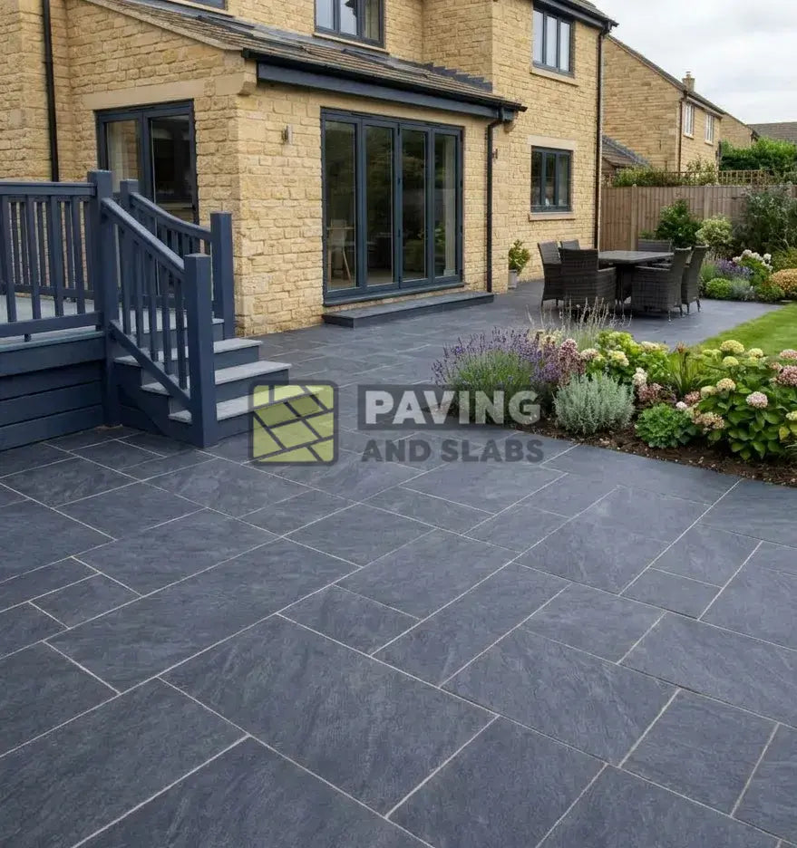 Anthracite dark porcelain paving patio pack slabs UK for modular outdoor patio layouts