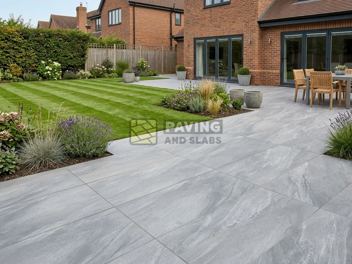 Anthracite lite outdoor porcelain paving slabs 900x600 UK for modern garden patios