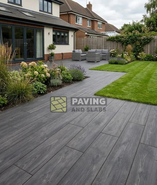 Anthracite wood effect porcelain planks 1200x300 paving slabs UK for modern garden pathways
