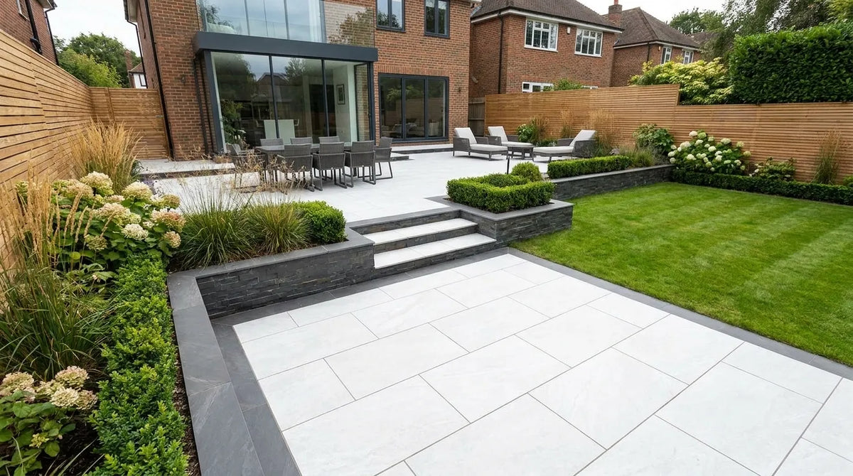 Anthracite porcelain paving planks 900x200 for modern UK garden decking alternatives