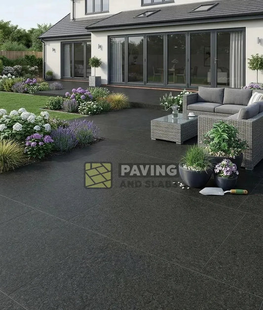 Black basalt outdoor porcelain paving slabs 900x600 UK for modern garden patios