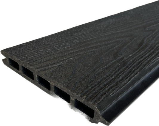 Complete black composite fence kit with panels, posts, and caps for outdoor privacy fencing