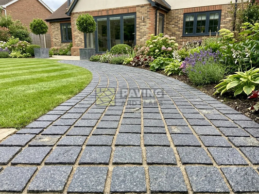 Black granite cobbles 100x100 setts for driveway paving slabs UK and garden borders