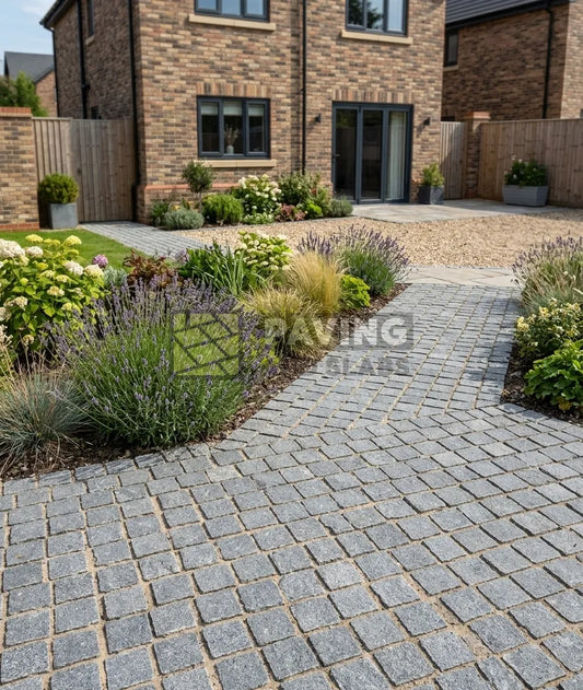 Natural black granite cobbles 50mm setts for garden pathway and driveway paving UK
