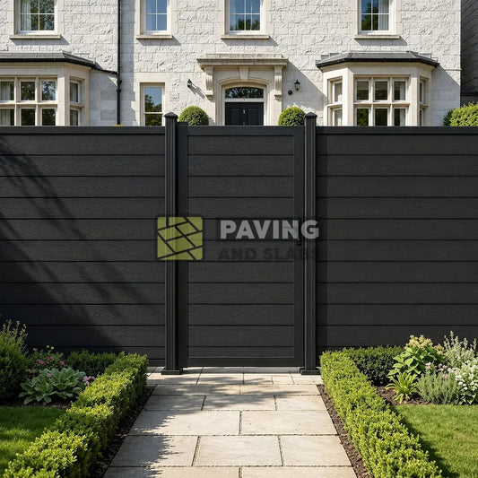 Black composite garden gate for modern outdoor fencing borders and privacy screening UK