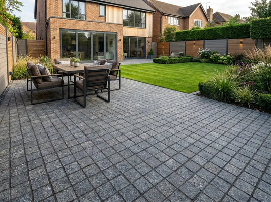 Black granite cobble 100x100 setts, durable cobblestone pavers and driveway paving stones UK