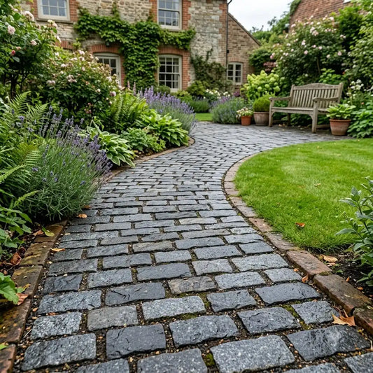 Black granite cobble 200x100 setts natural split, durable cobblestone pavers and driveway paving stones UK