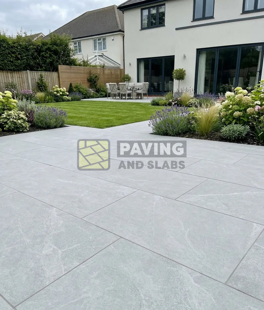 Bodo White outdoor porcelain paving slabs 900x600 UK for light modern garden patios