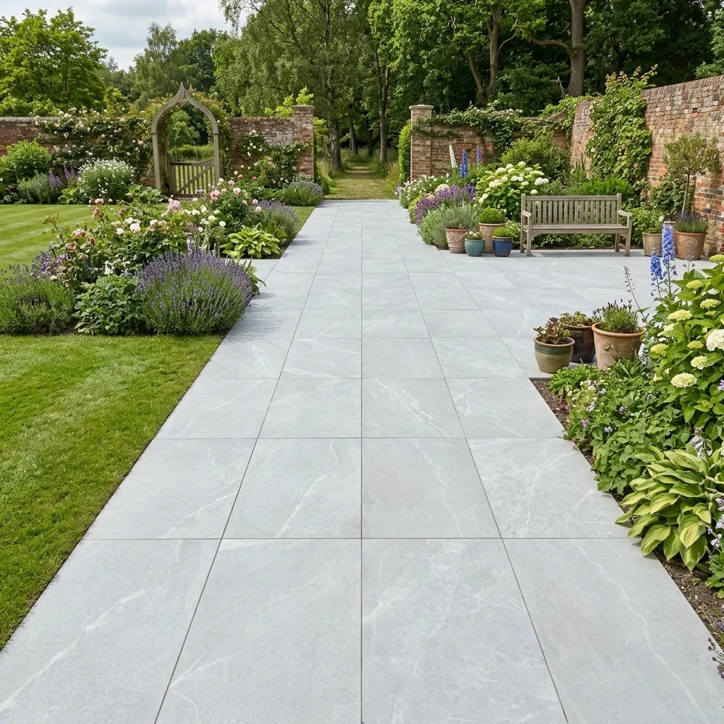 Bodo white porcelain paving tiles and contemporary porcelain slabs UK