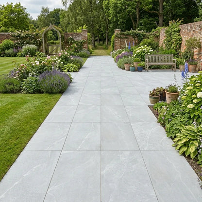 Bodo white porcelain paving tiles and contemporary porcelain slabs UK