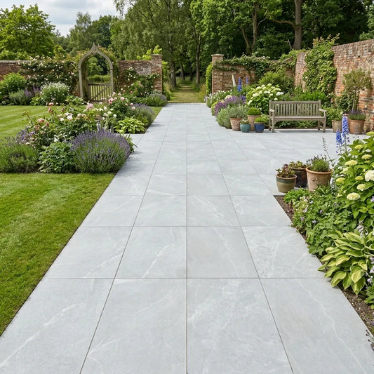 Bodo white porcelain paving tiles and contemporary porcelain slabs UK