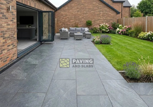 Brazilian Black outdoor porcelain paving slabs 900x600 UK for modern garden patios   