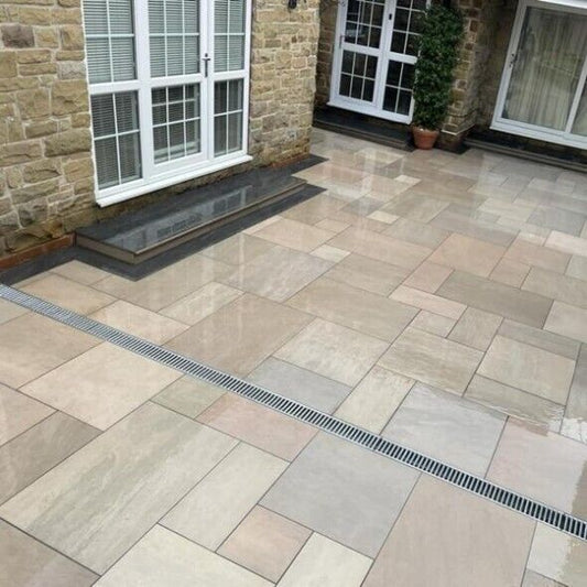 Bristol Green porcelain patio slab, soft green grey finish for modern outdoor spaces.