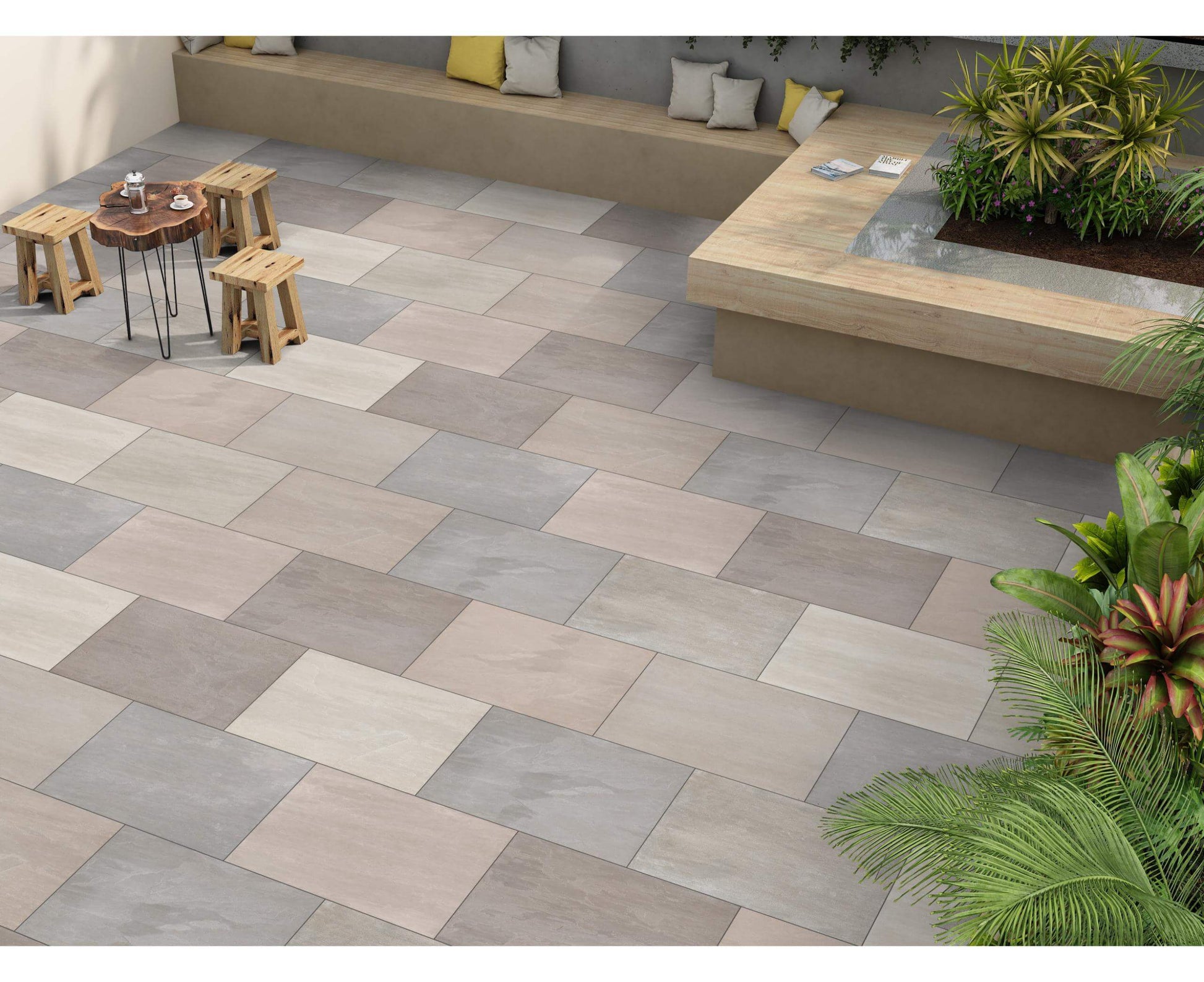 Bristol Green paving slabs, durable outdoor tiles in subtle green tones for garden design.