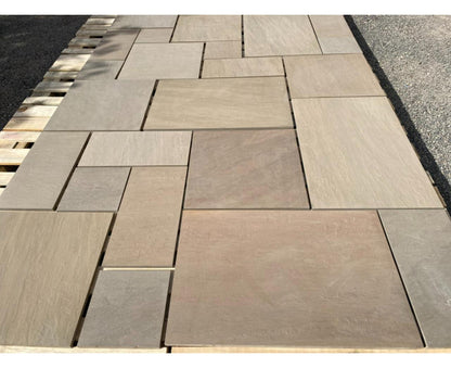 Porcelain paving in Bristol Green, contemporary patio slabs with natural stone effect.