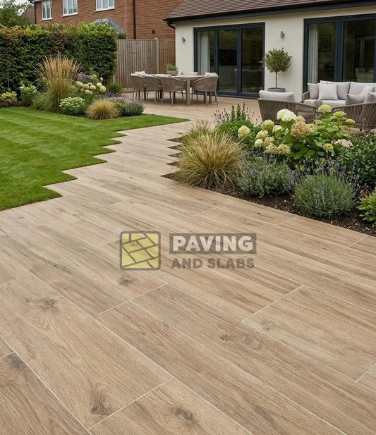 Brown wood effect porcelain planks 1200x300 paving slabs UK for garden path decking