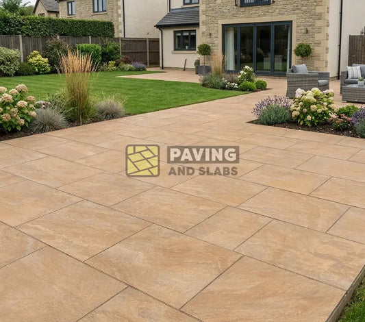 Buff garden paving slabs 900x600 UK natural stone effect for outdoor patio design