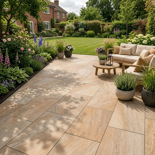 Buff porcelain paving and porcelain slabs UK for contemporary patio slabs installations