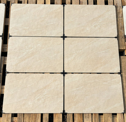 Canterbury Beige patio slabs, durable beige porcelain tiles for modern landscaping.