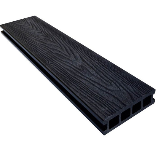 Black composite decking board with slip resistant woodgrain surface, suitable for outdoor use