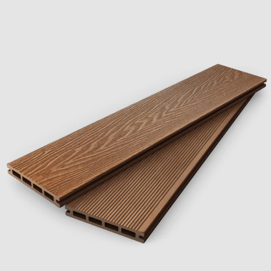 Teak colored composite decking board with natural woodgrain texture for outdoor spaces