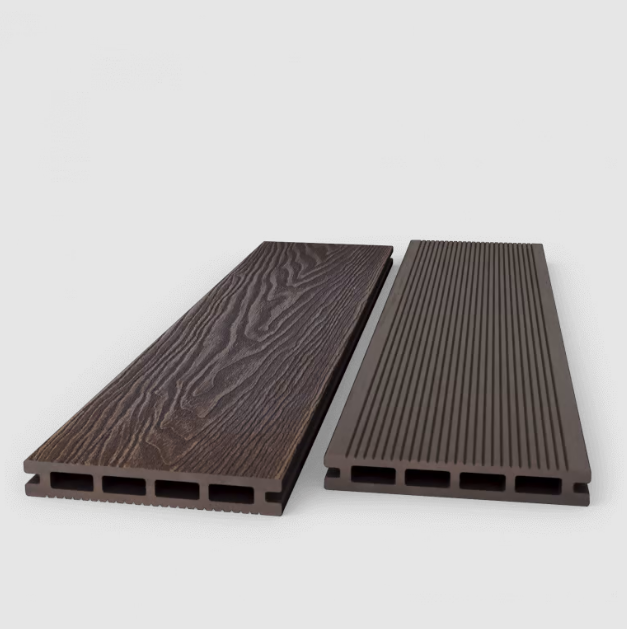 Close up of oak finish composite decking board, ideal for patios, balconies, and landscaping