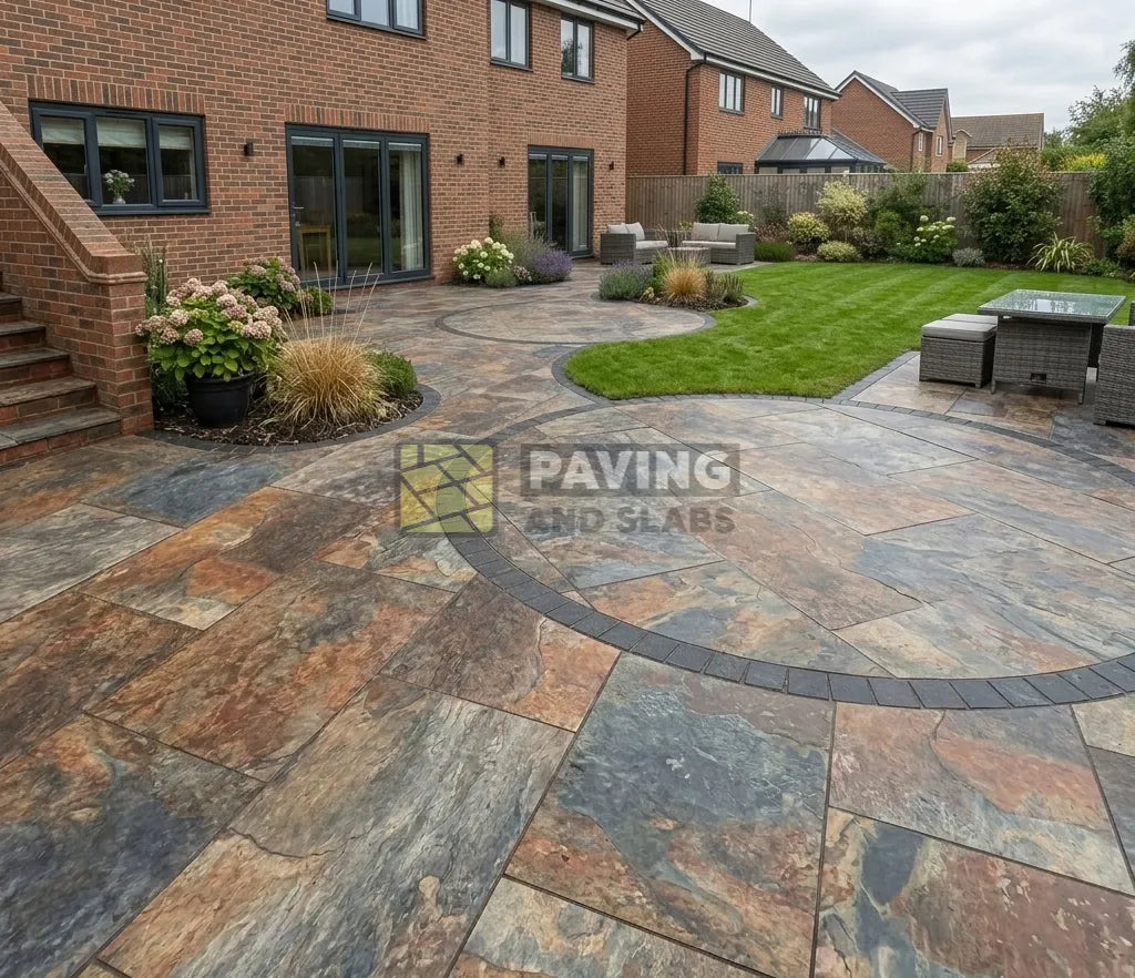 Copper slate effect outdoor porcelain paving slabs 900x600 UK for modern garden patios