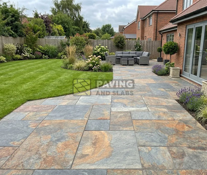 Copper slate effect porcelain paving mix pack patio slabs UK for garden landscaping
