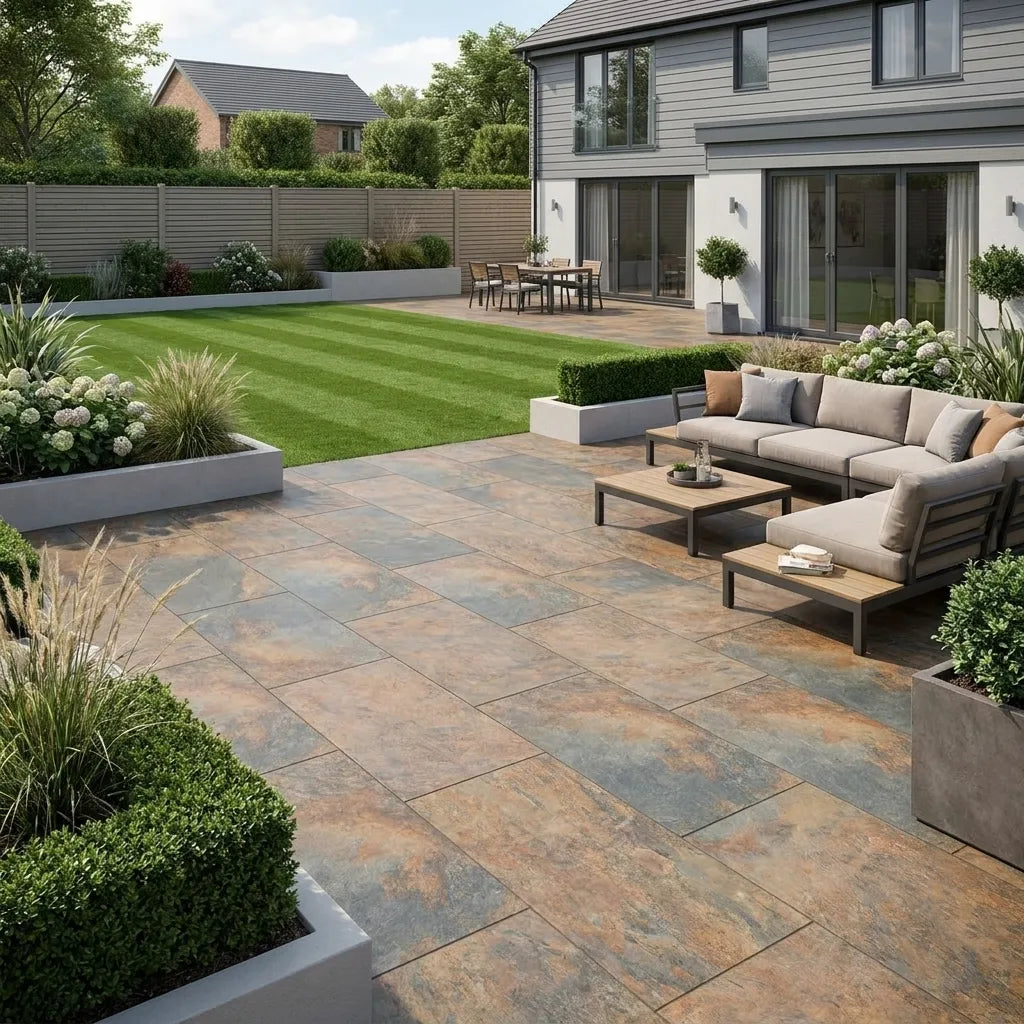Copper slate effect porcelain paving 900x600 slabs and premium paving slabs UK