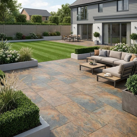 Copper slate effect porcelain paving 900x600 slabs and premium paving slabs UK