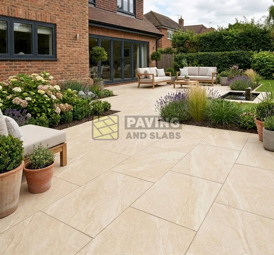 County Crema outdoor porcelain paving slabs 900x600 UK for warm garden patio areas