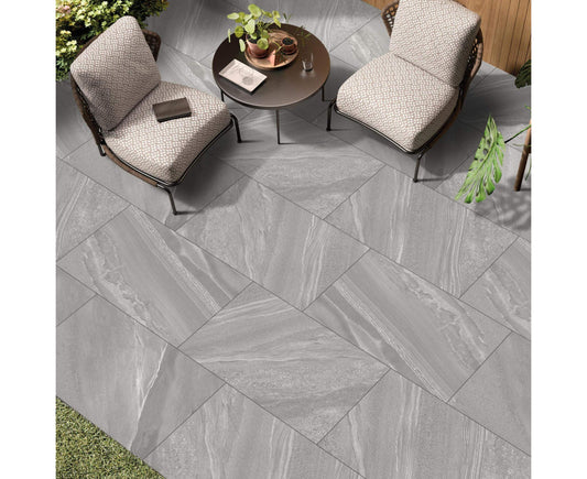 Coventry Grey porcelain paving slabs, mid grey tones with textured finish for patios.