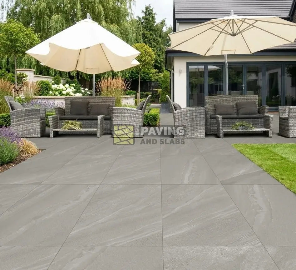 Crossover Grey outdoor porcelain paving slabs 900x600 UK for garden patios