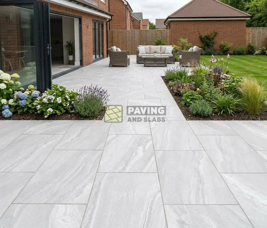 Crossover White 900x600 porcelain paving UK slabs for light modern garden patios