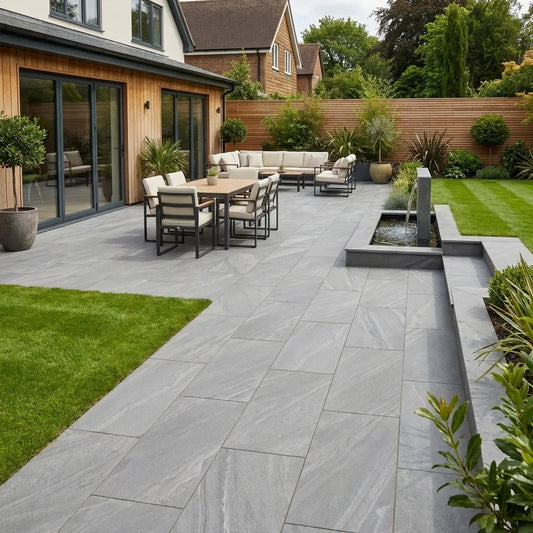 Crossover grey porcelain paving 900x600 slabs for modern UK patio slabs installations