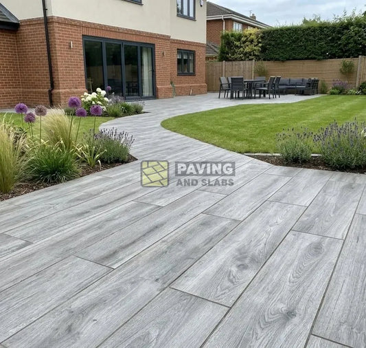 Dark grey wood effect porcelain planks 1200x300 paving slabs UK for garden pathways