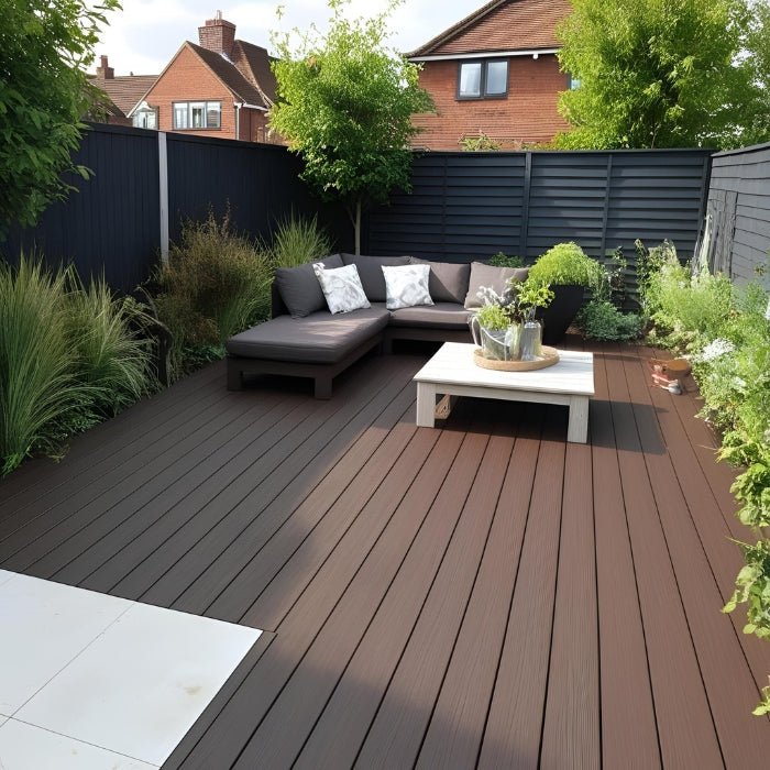 Close up of oak finish deck boards, ideal for patios and landscaping.