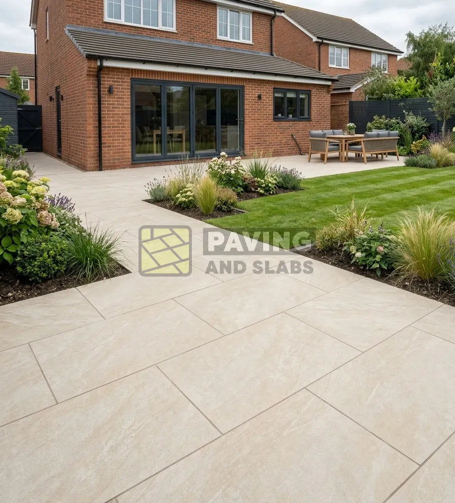 Dome Beige outdoor porcelain paving slabs 900x600 UK for warm garden patio designs