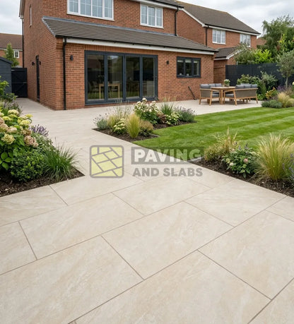 Dome Beige outdoor porcelain paving slabs 900x600 UK for warm garden patio designs
