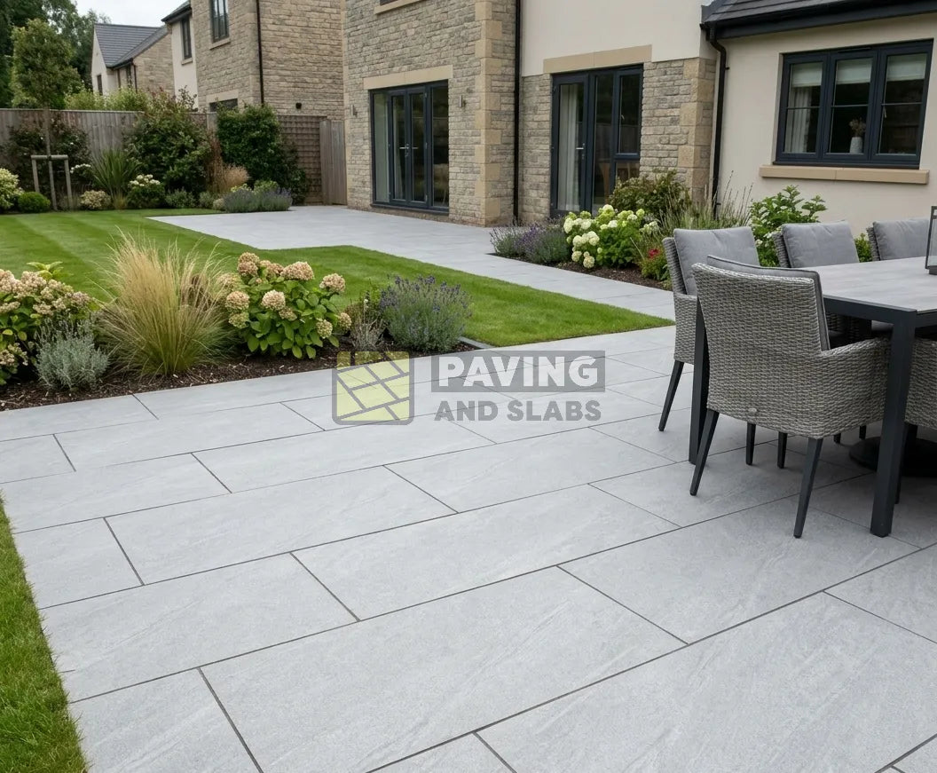 Dome Grey outdoor porcelain paving slabs 900x600 UK for modern garden patio layouts