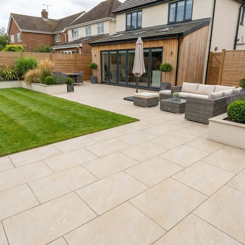 Dome Beige porcelain paving slabs installed in an outdoor patio seating area