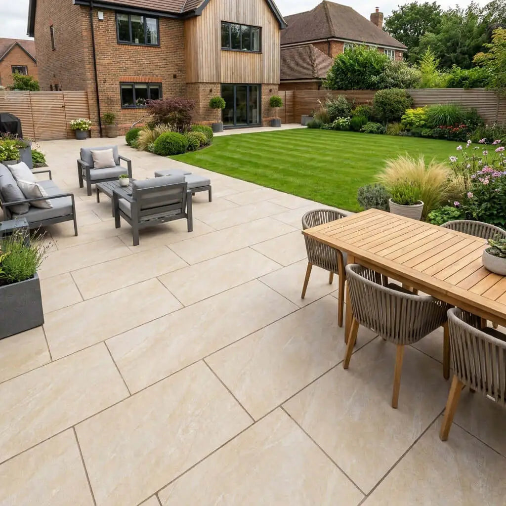 Dome Beige porcelain paving slabs 900x600 mm laid on a garden patio terrace