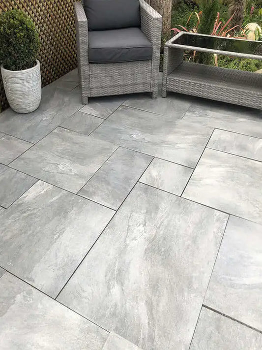 Ec grey patio slabs showing surface texture and color variation
