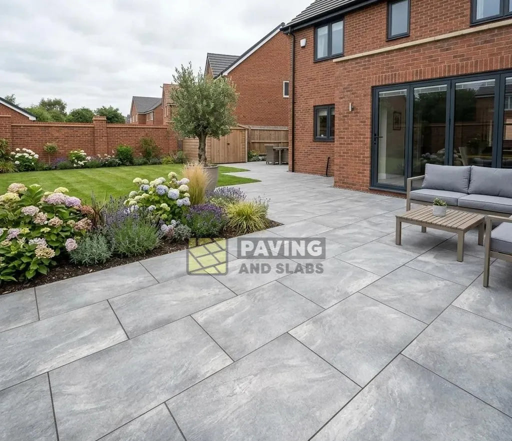 EC Grey outdoor porcelain paving slabs 900x600 UK for contemporary garden patios