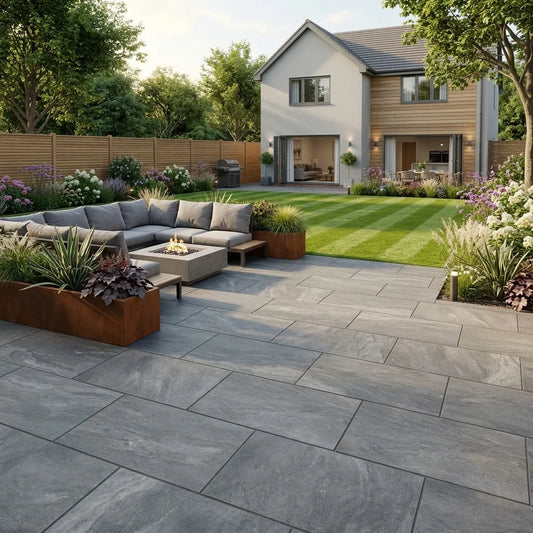 EC grey paving slabs and quality porcelain slabs UK for landscaping