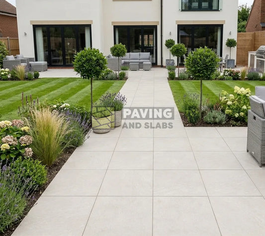 Everest Pearl outdoor porcelain paving slabs 900x600 UK for stylish garden patio areas