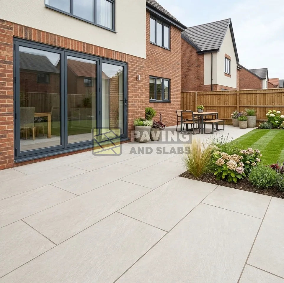 Everest Pearl outdoor porcelain paving slabs 900x600 UK for modern garden patios