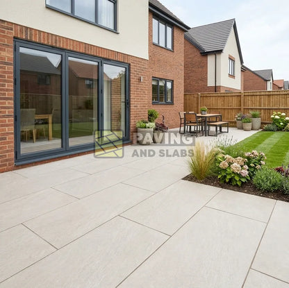 Everest Pearl outdoor porcelain paving slabs 900x600 UK for modern garden patios